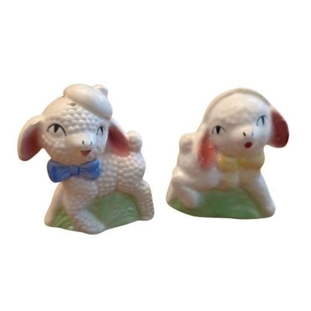 Vintage 50s Anthropomorphic Lamb Salt and Pepper Shakers Ceramic Blue Yellow Bow